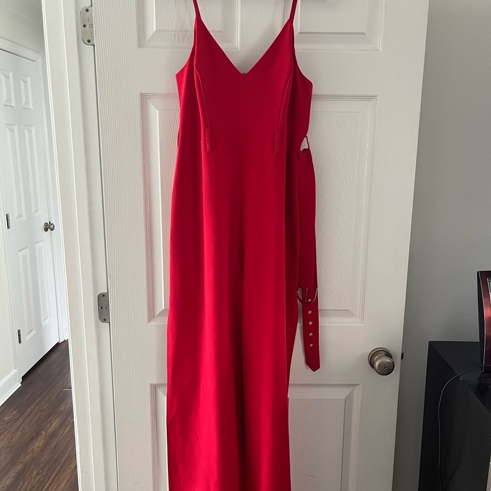 Elegant Red Belted Sleeveless Slit-Legged Jumpsuit
